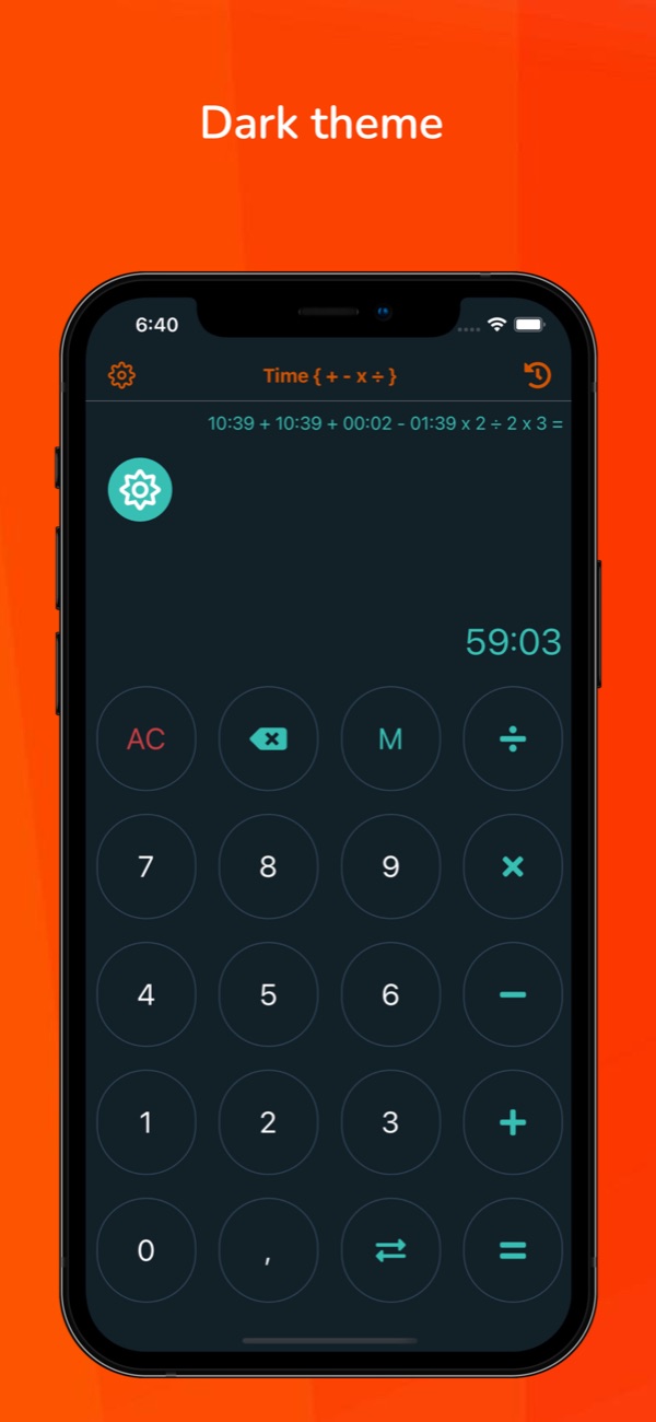 Time { + - x ÷ } on iPhone in the dark theme